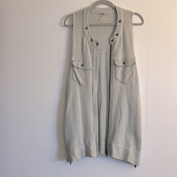 Free People Highway Slub Knit Vest Size S Light Gray Longline Zip Front - Picture 6 of 10